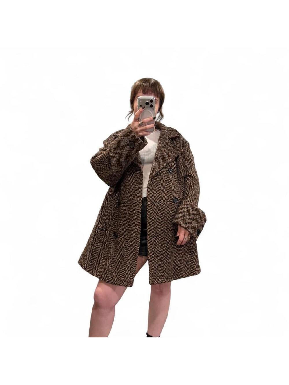 Oversized Brown Herringbone Wool Peacoat